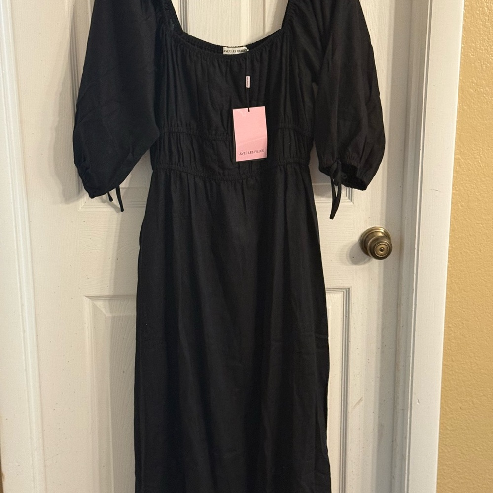 Avec Les Filles Black Smocked Ruffled Midi Dress - Picture 4 of 6